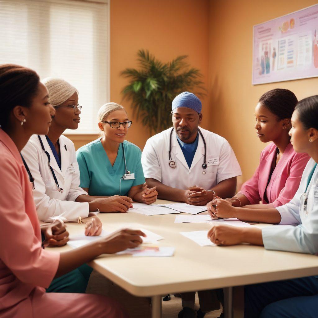 A comforting scene depicting a diverse group of patients and healthcare professionals engaged in an educational workshop about cancer care. Include visual elements like informative posters, supportive interactions, and modern healthcare tools. Emphasize hope and empowerment with warm colors and gentle lighting to create a welcoming atmosphere. super-realistic. vibrant colors. soft focus.