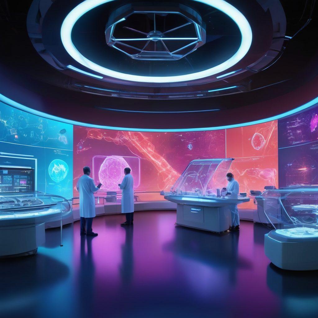 A visually striking representation of advanced oncology treatments, featuring a futuristic lab setting with scientists working on innovative therapies. Include elements like glowing DNA strands, high-tech medical devices, and dynamic holographic displays showcasing cancer research. The atmosphere should radiate hope and innovation, with vibrant colors emphasizing progress in medicine. super-realistic. vibrant colors. futuristic setting.